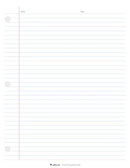 Printable college ruled notebook paper with a red margin and three-hole punch marks