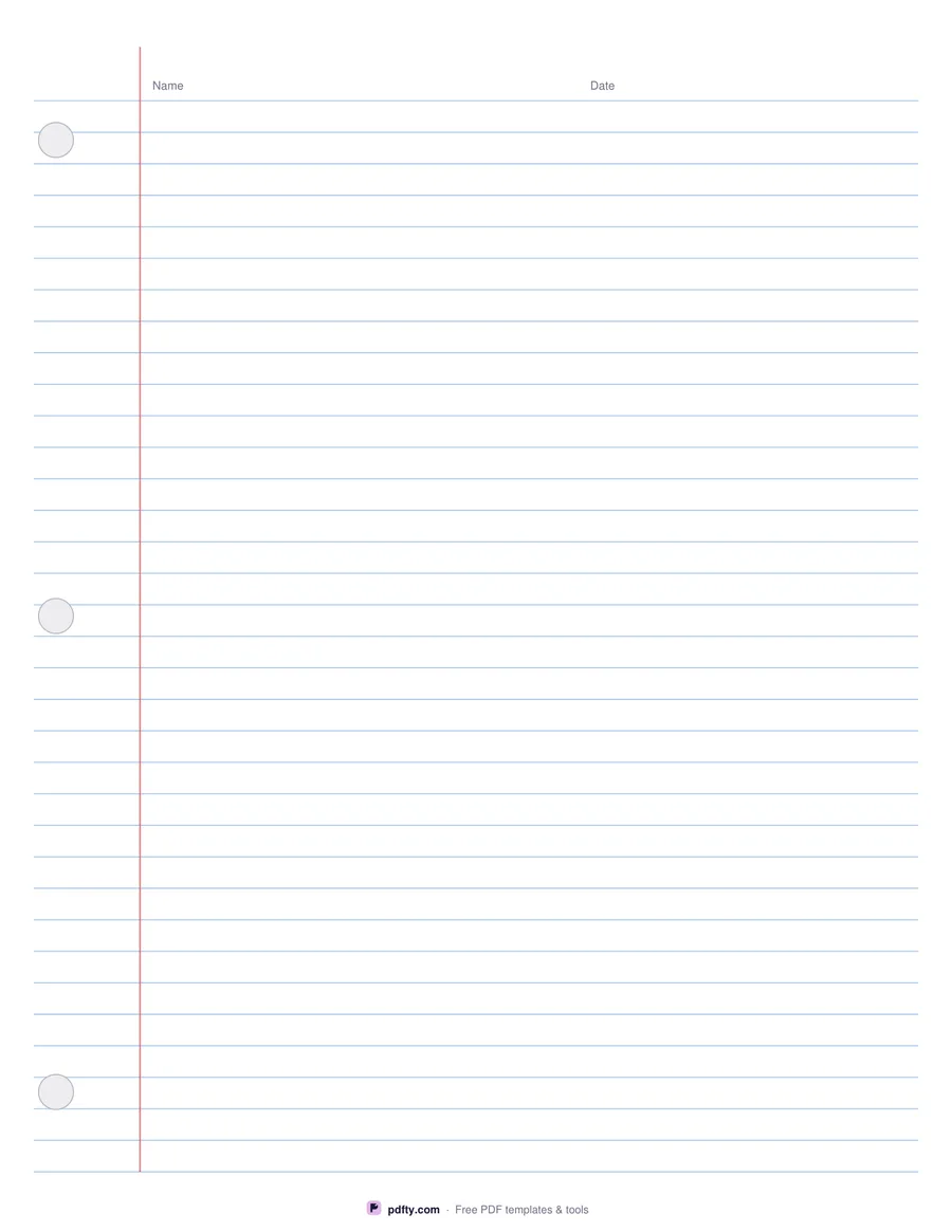 Printable college ruled notebook paper with a red margin and three-hole punch marks