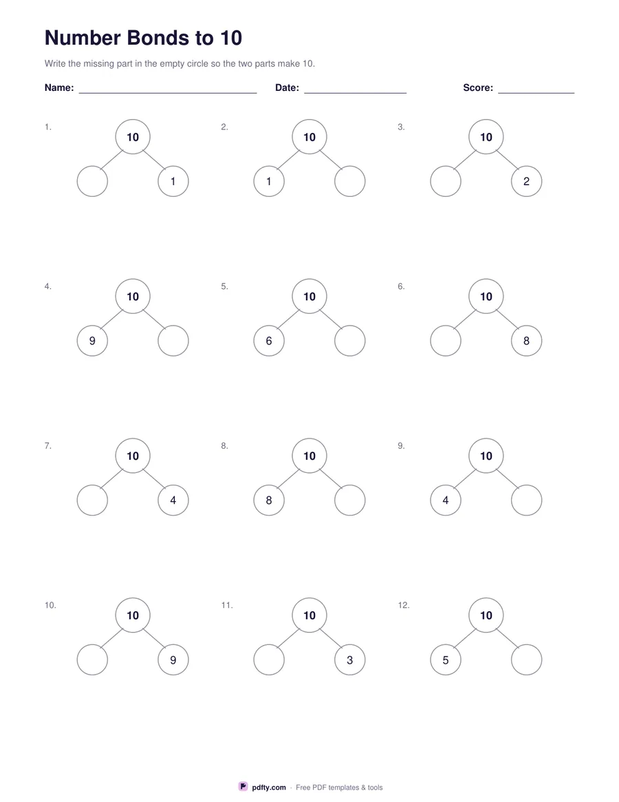 Printable number bonds worksheet with twelve bond diagrams to ten