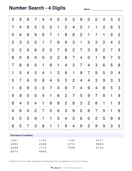 Printable number search grid of digits with the list of numbers to find