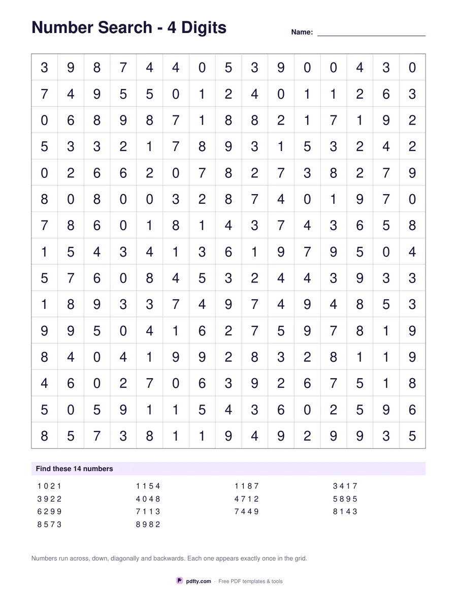 Printable number search grid of digits with the list of numbers to find