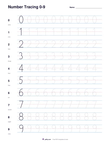 Number tracing worksheet with dotted numerals 0 to 9 on handwriting lines
