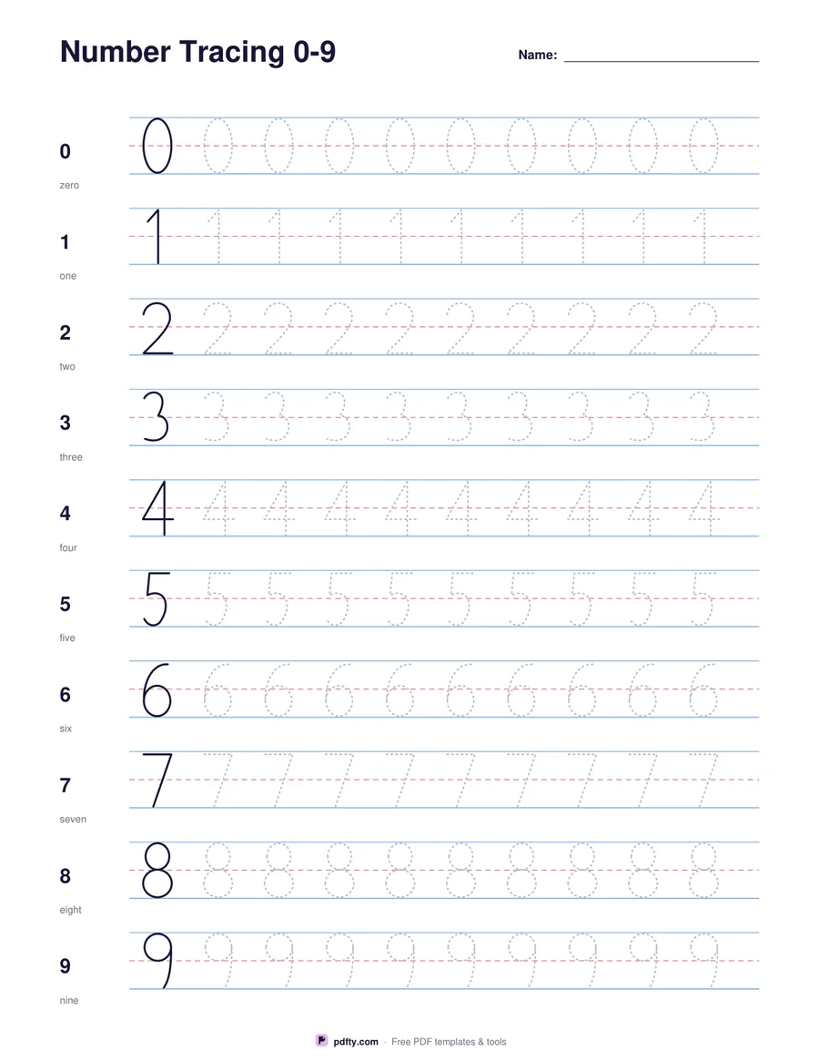 Number tracing worksheet with dotted numerals 0 to 9 on handwriting lines