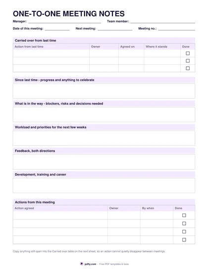 Printable one-to-one meeting notes with carried-over actions and conversation prompts