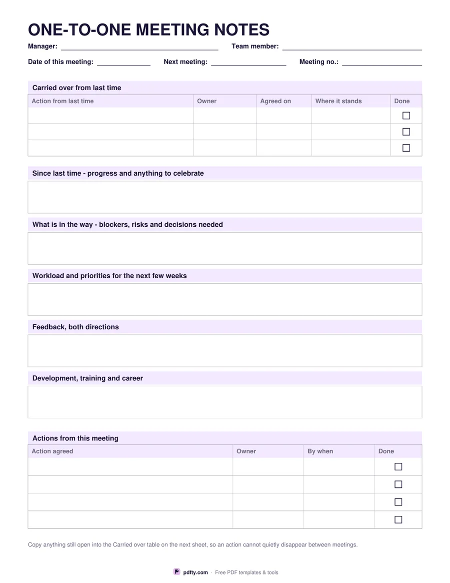 Printable one-to-one meeting notes with carried-over actions and conversation prompts