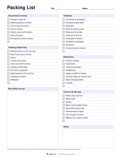 Printable packing list with documents, clothing, toiletries, electronics and carry-on sections