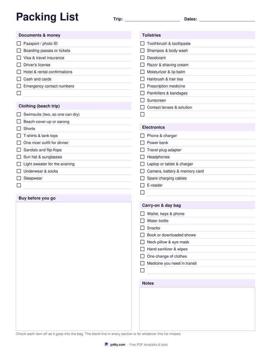 Printable packing list with documents, clothing, toiletries, electronics and carry-on sections