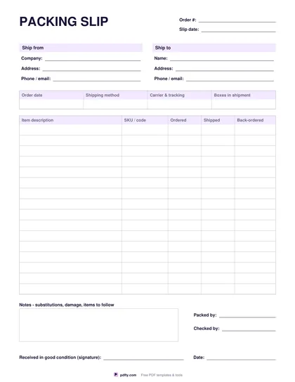 Free printable packing slip with ship-to details and item table