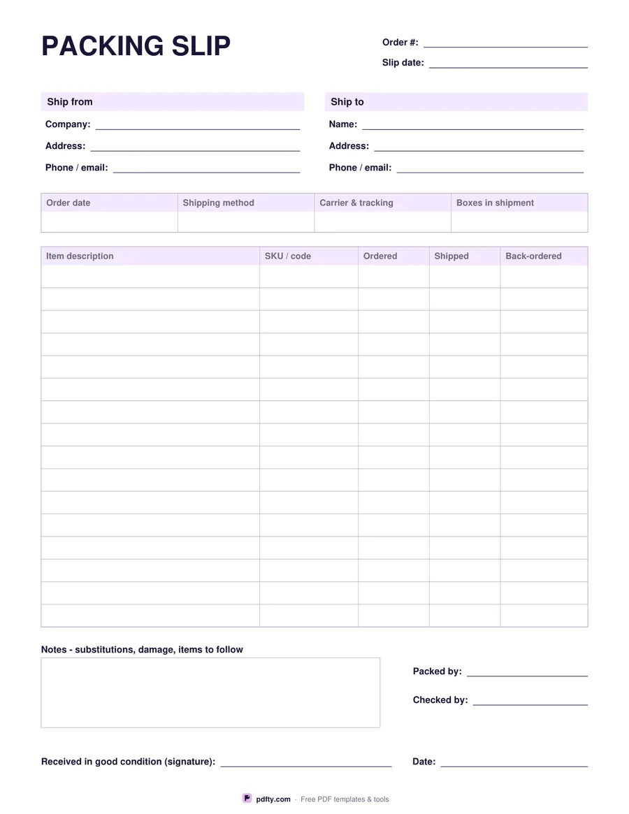 Free printable packing slip with ship-to details and item table