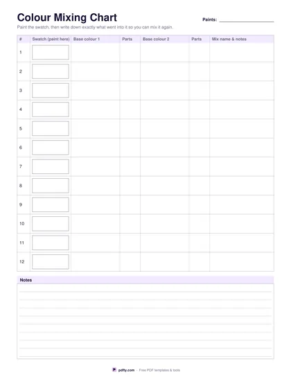 Printable colour mixing chart with swatch boxes and columns for base colours and ratios