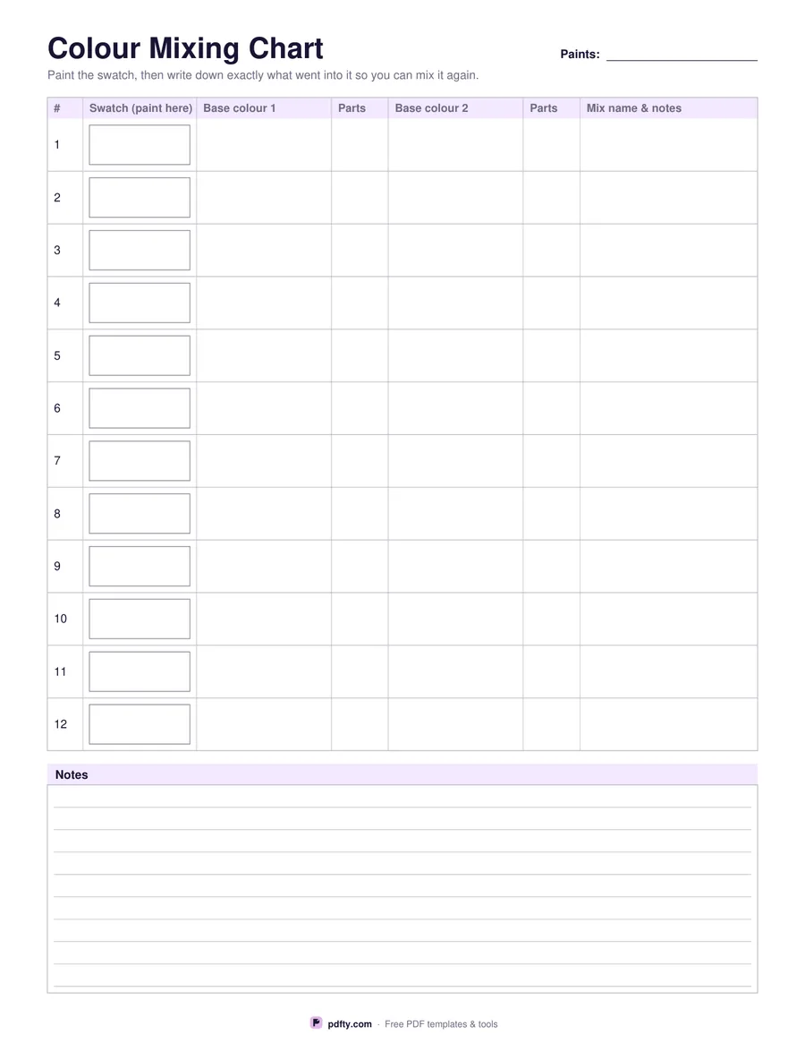 Printable colour mixing chart with swatch boxes and columns for base colours and ratios