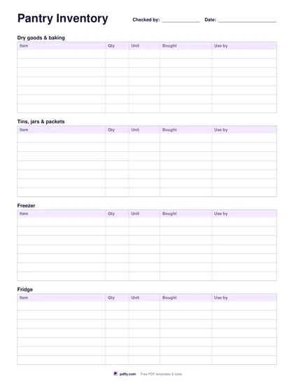 Printable pantry inventory with item, quantity, unit, bought and use-by columns
