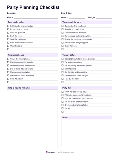 Printable party planning checklist with a five-stage timeline, guest list and shopping lists