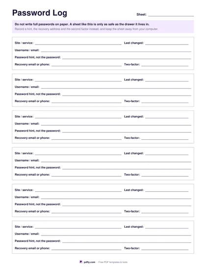 Printable password log sheet with entries for site, username, password hint and recovery details