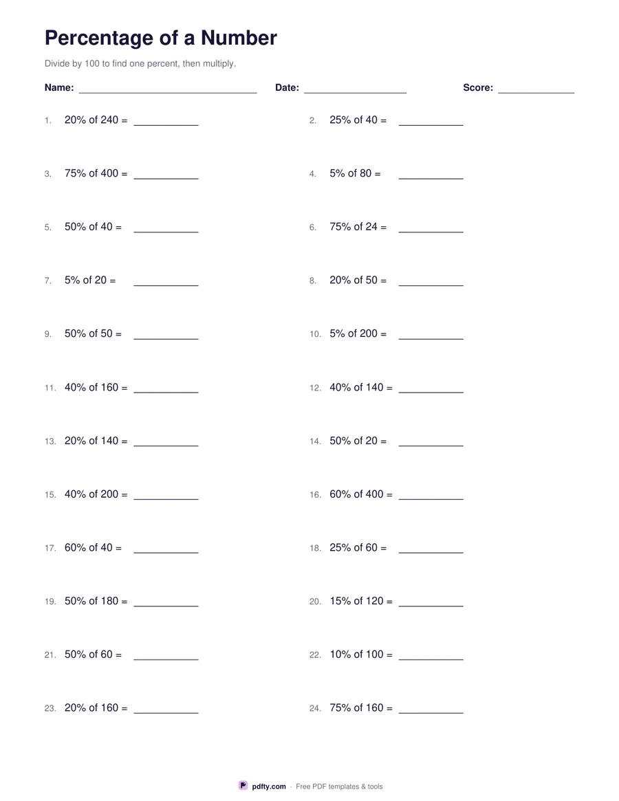 Printable percentages worksheet with twenty-four questions in two columns