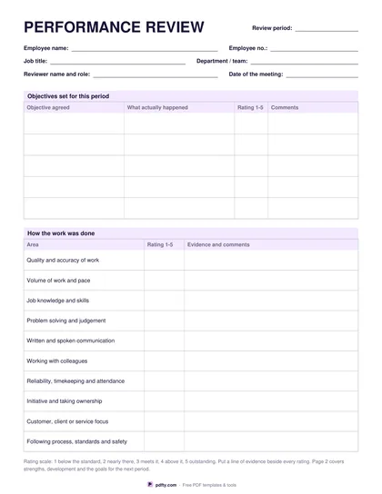 Printable performance review form with objectives, rated areas and signature lines