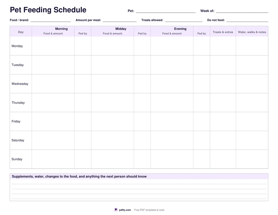 Printable weekly pet feeding schedule with morning, midday and evening portions and a fed-by column