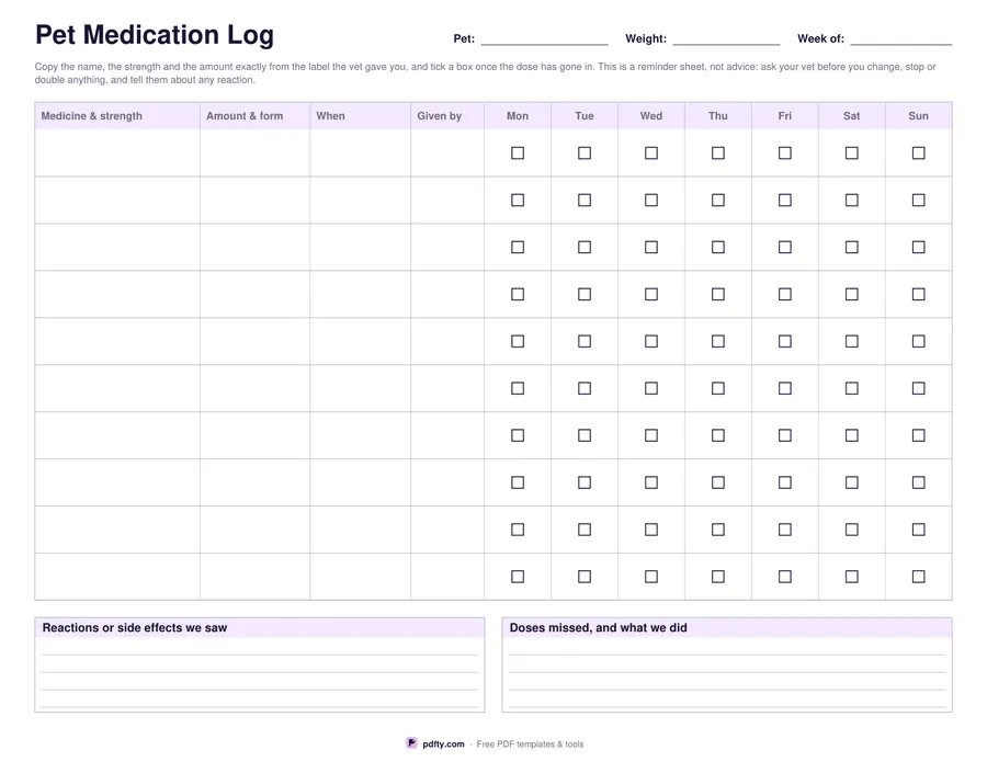 Printable pet medication log with medicine, amount, time, given by and a week of tick boxes