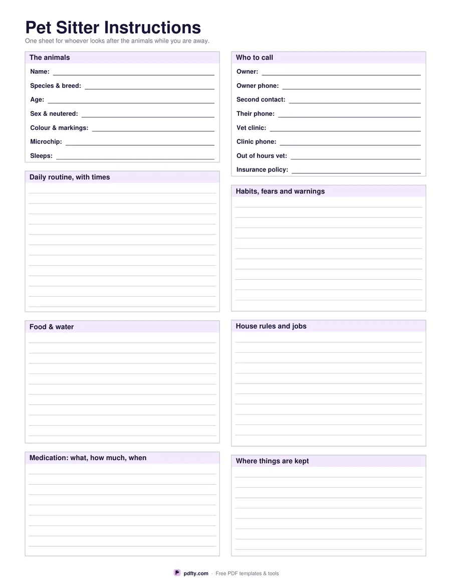 Printable pet sitter instructions with routine, food, medication, contacts, habits and house rules
