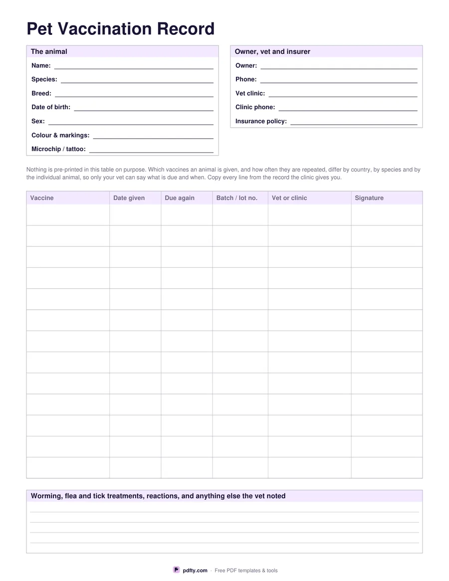 Printable pet vaccination record with animal details and 13 blank rows for vaccine, date, batch and signature