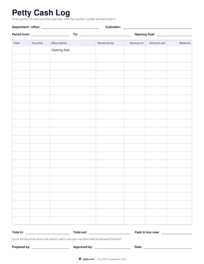 Printable petty cash log with opening float row, voucher numbers and amount in, amount out and balance columns