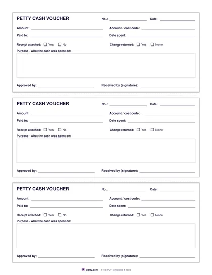 Free printable petty cash vouchers, three to a page with amount, purpose and signatures