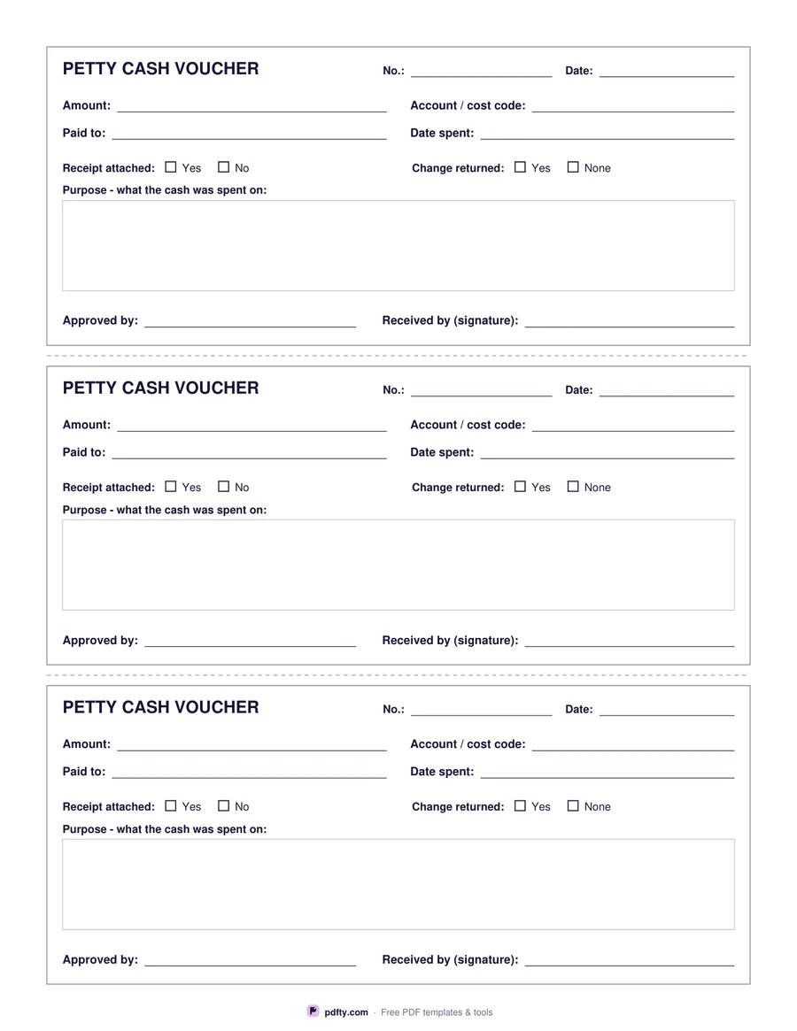 Free printable petty cash vouchers, three to a page with amount, purpose and signatures