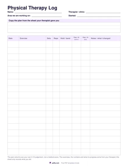 Printable physical therapy log with pain before and after columns