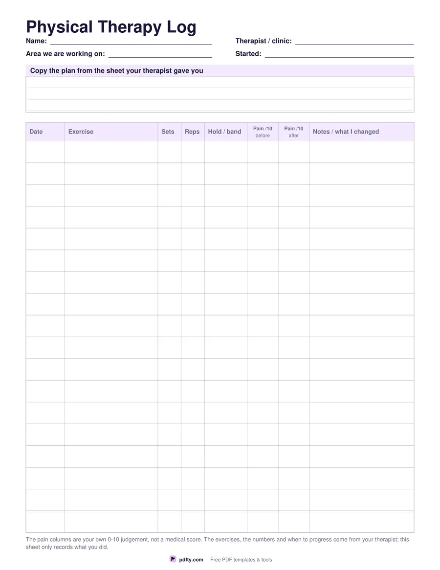 Printable physical therapy log with pain before and after columns