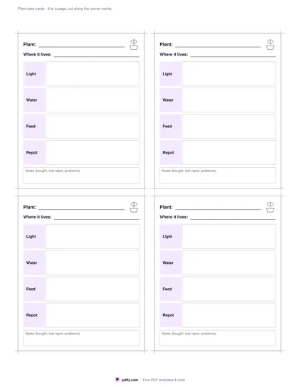 Printable plant care cards with light, water, feed and repot boxes