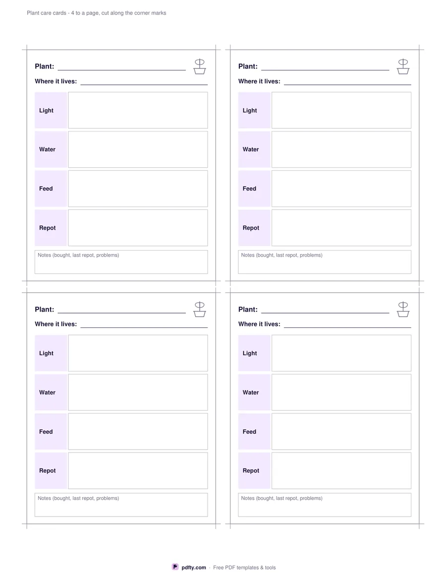 Printable plant care cards with light, water, feed and repot boxes