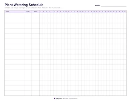 Printable plant watering schedule with plants down the side and a month of days across
