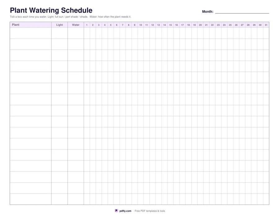 Printable plant watering schedule with plants down the side and a month of days across