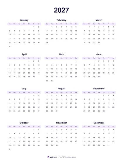 Printable 2027 yearly calendar on one page