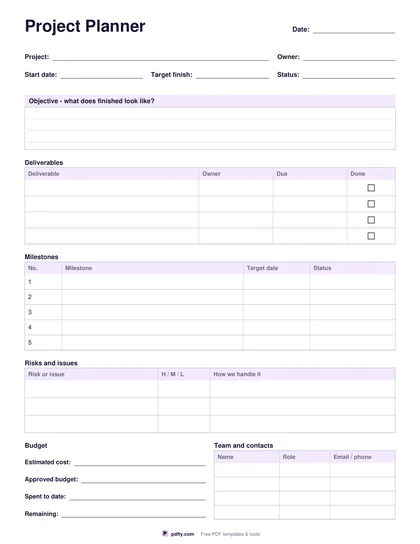 Printable one page project planner with objective, deliverables, milestones, risks, budget and team