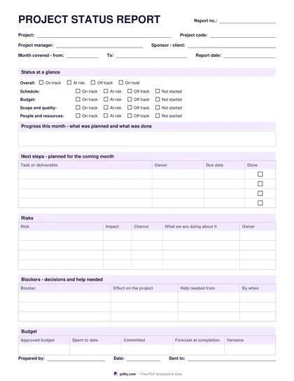 Printable project status report with status lines, risks, blockers and budget row