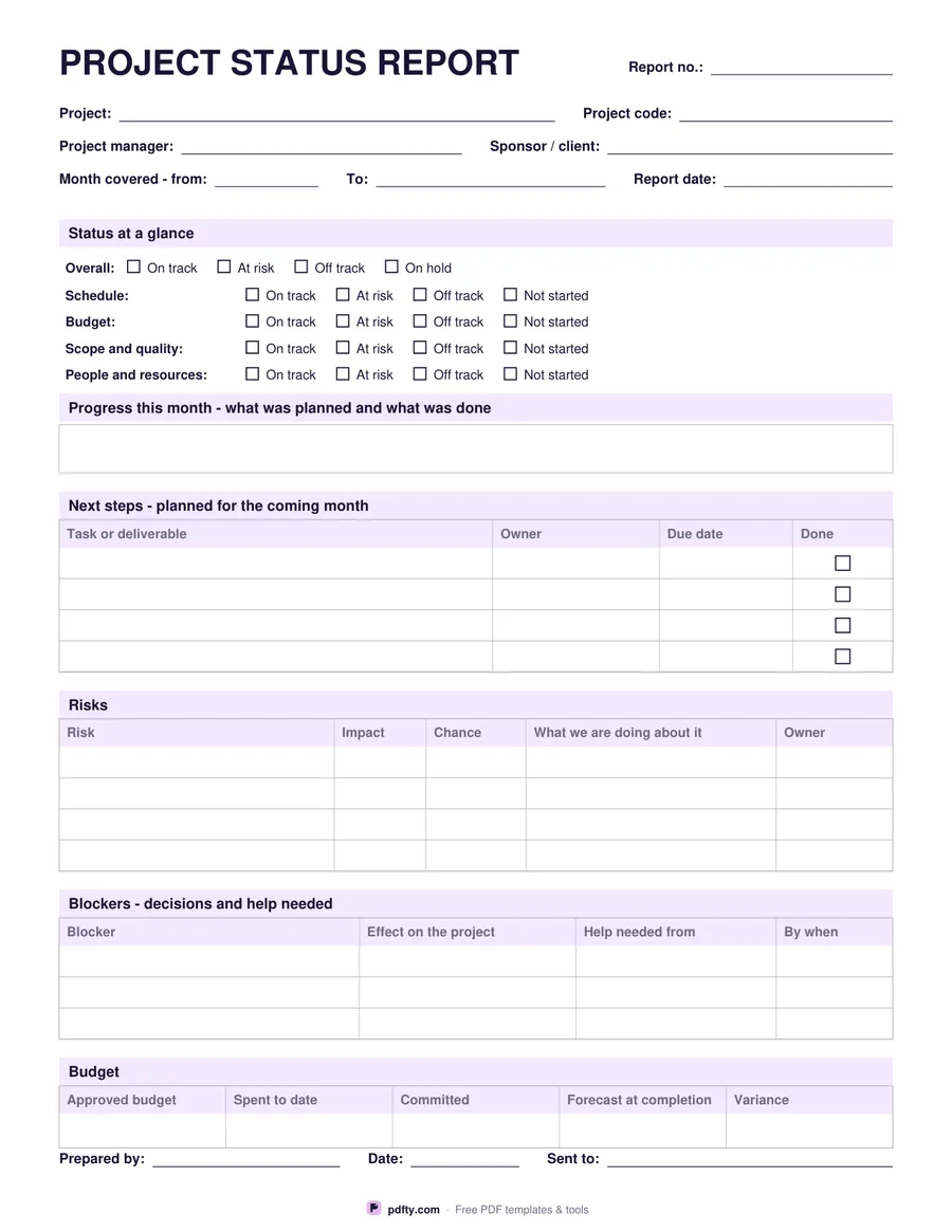 Printable project status report with status lines, risks, blockers and budget row