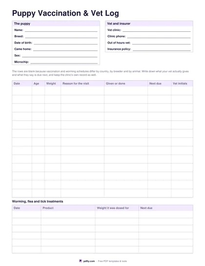 Printable puppy vaccination and vet log with visit, age, weight, treatment and next due columns