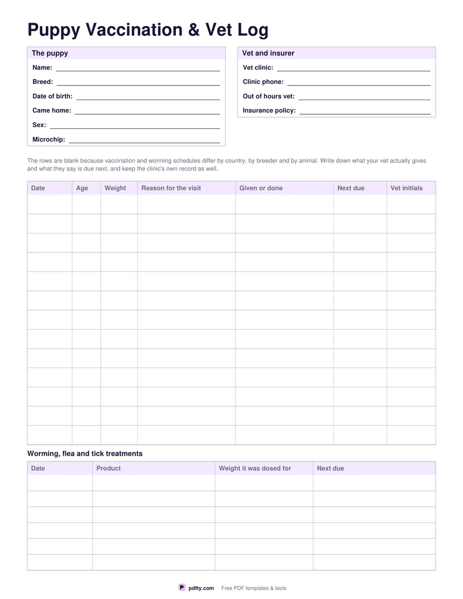 Printable puppy vaccination and vet log with visit, age, weight, treatment and next due columns