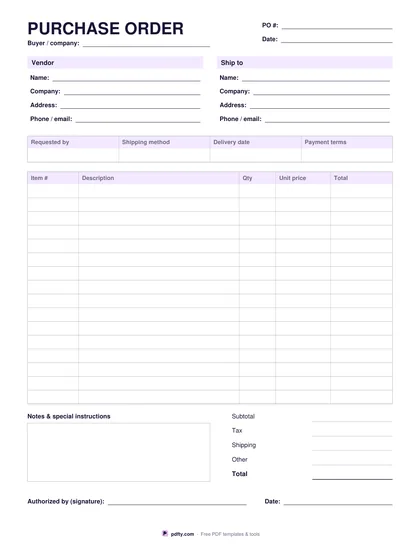 Free fillable purchase order template