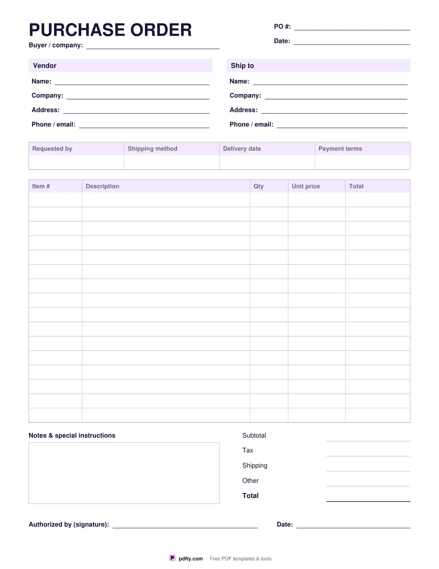 Free fillable purchase order template