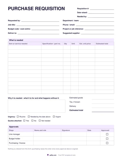 Printable purchase requisition form with item table, budget code and three approval signatures