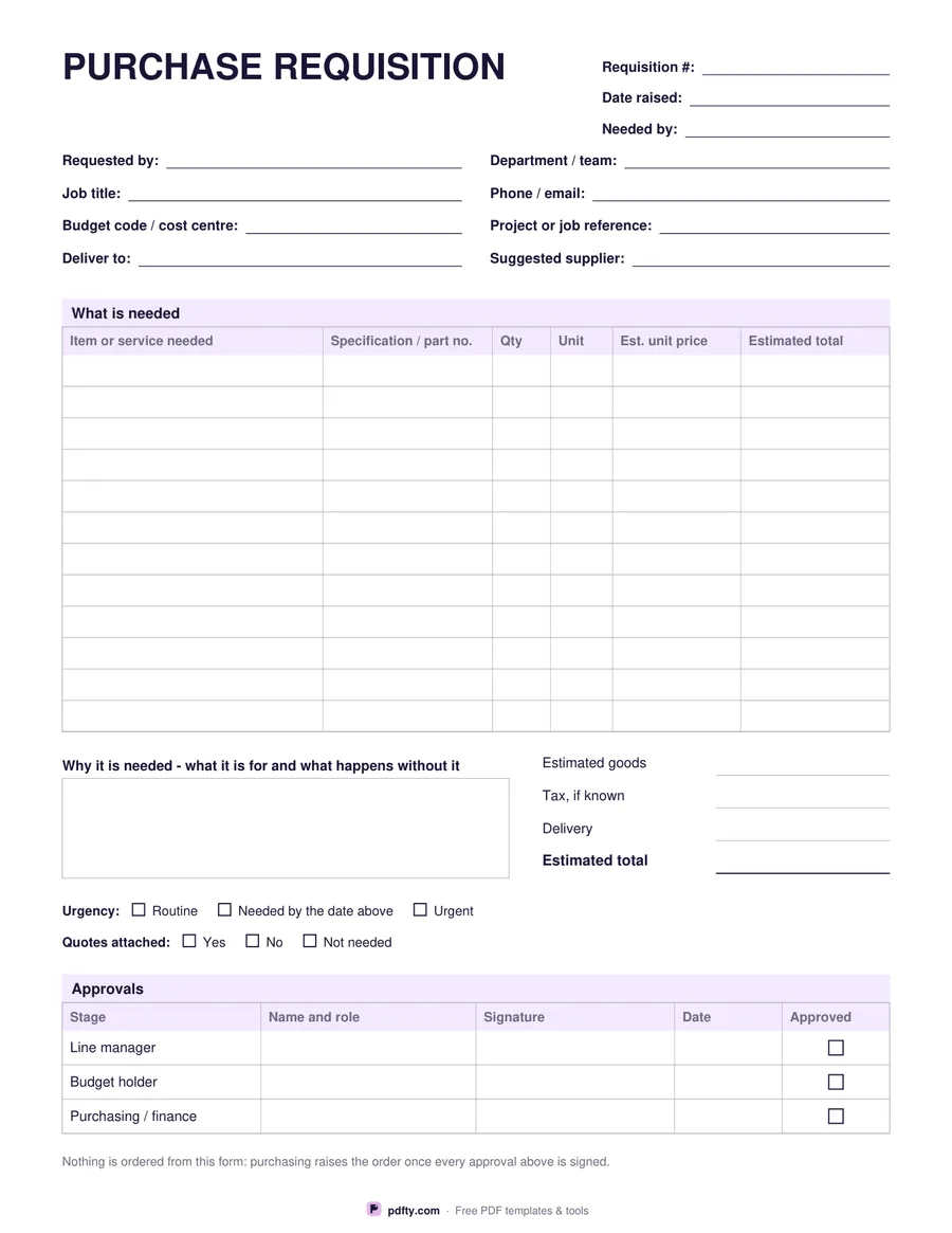 Printable purchase requisition form with item table, budget code and three approval signatures
