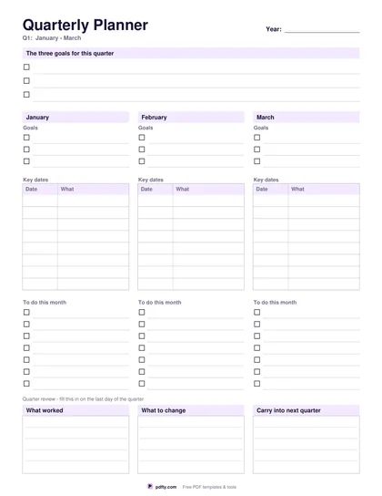 Printable quarterly planner with three month columns, key dates tables and a review strip