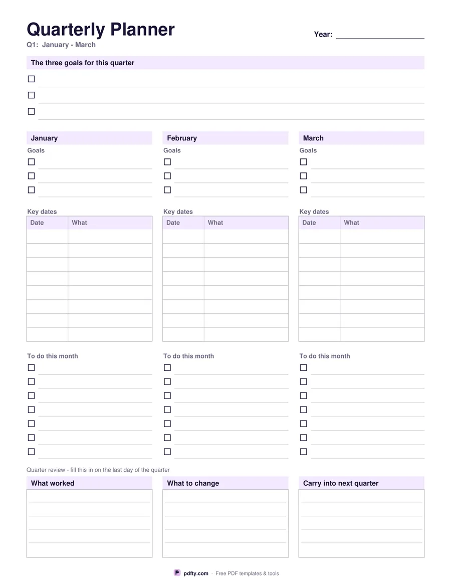 Printable quarterly planner with three month columns, key dates tables and a review strip
