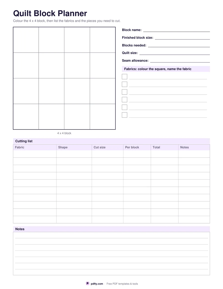 Printable quilt block planner with a block grid to colour, fabric swatches and a cutting list
