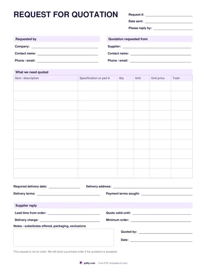 Free printable request for quotation with item table, terms and supplier reply section