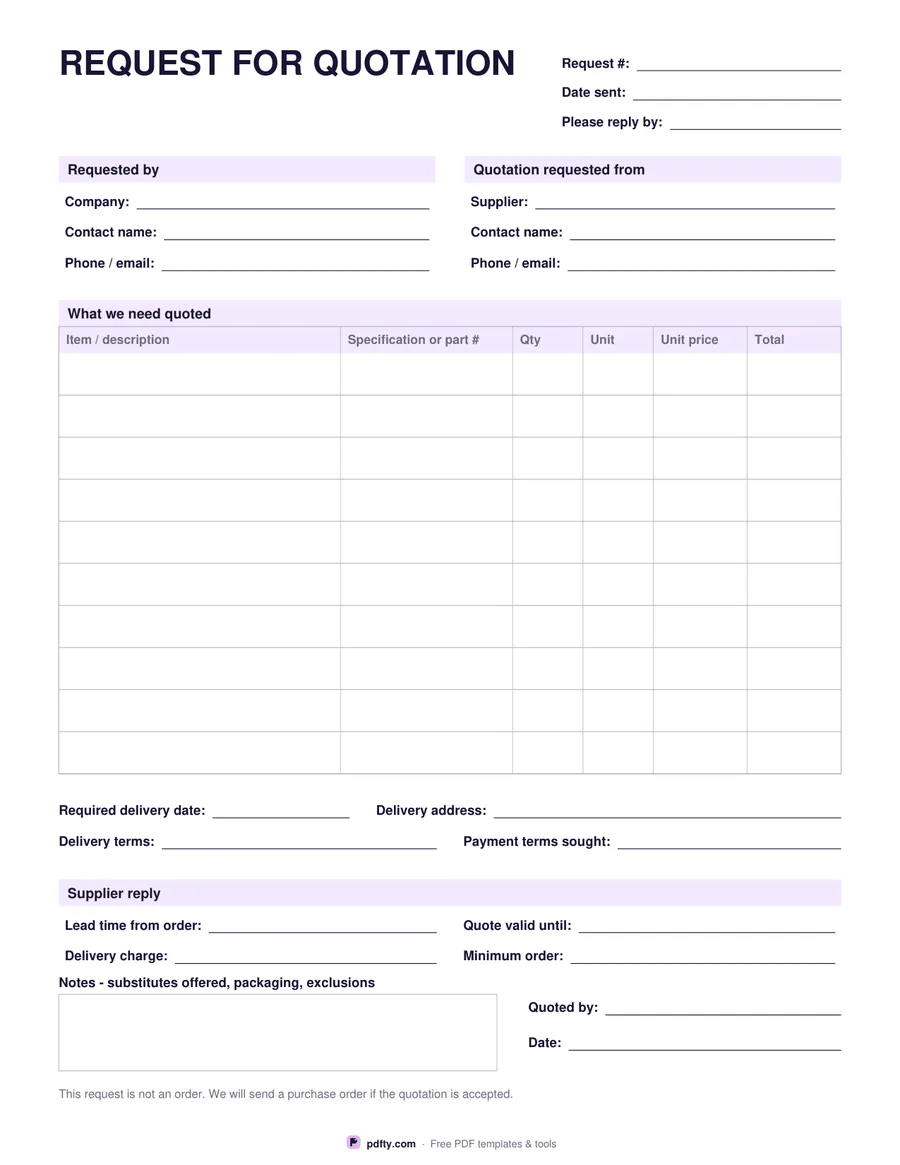 Free printable request for quotation with item table, terms and supplier reply section