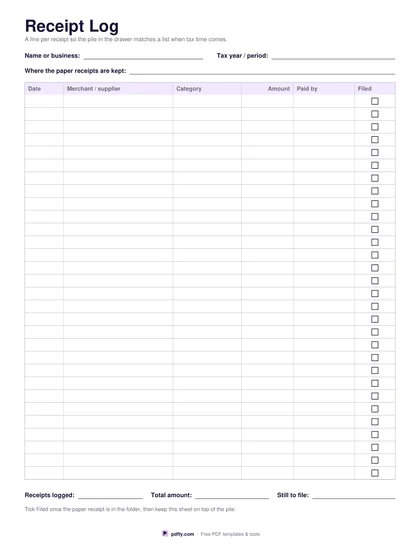 Printable receipt log with rows for date, merchant, category, amount, payment method and a filed tick box
