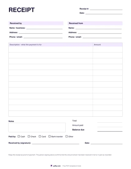 Free printable receipt template with payment details and signature line